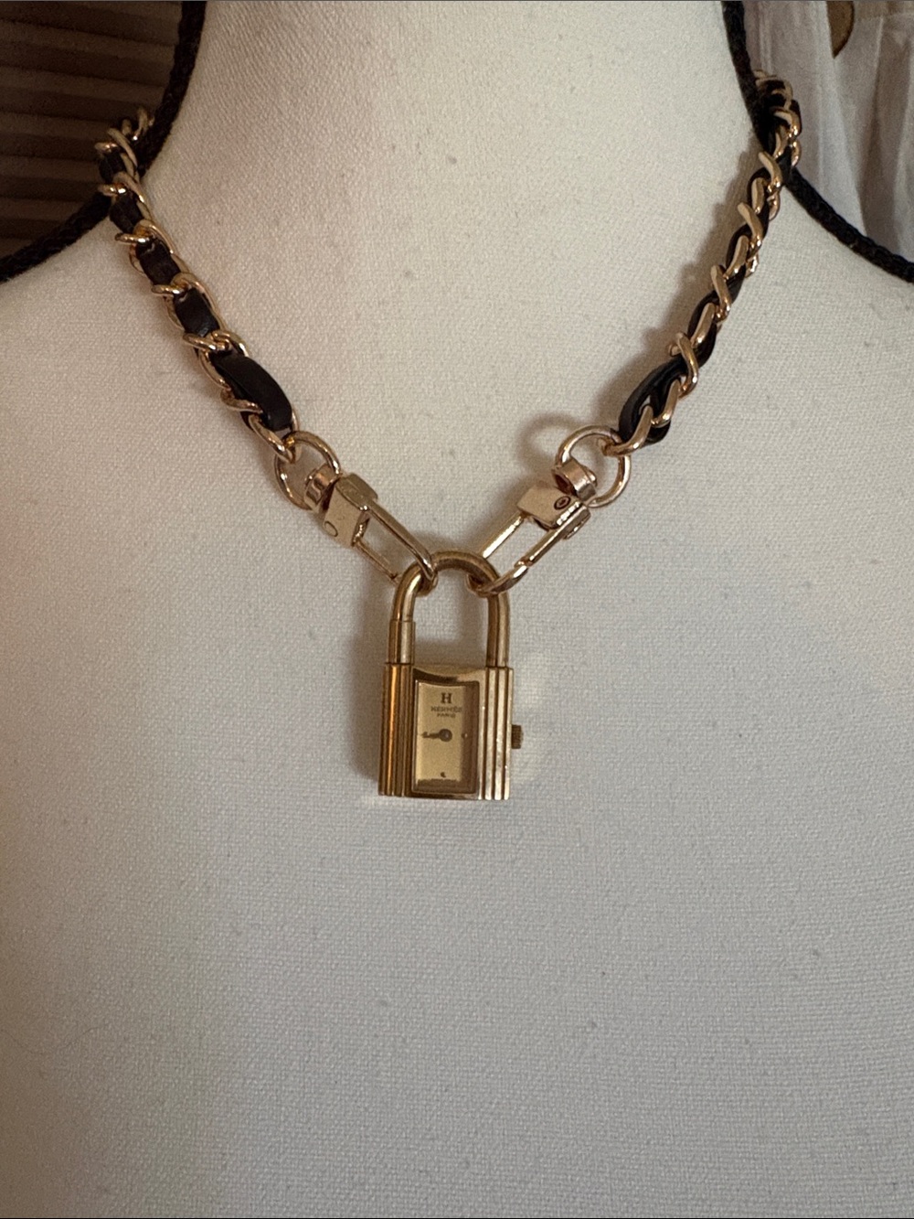 Hermes Gold Padlock Watch on Black Leather wrist band with chain necklace
